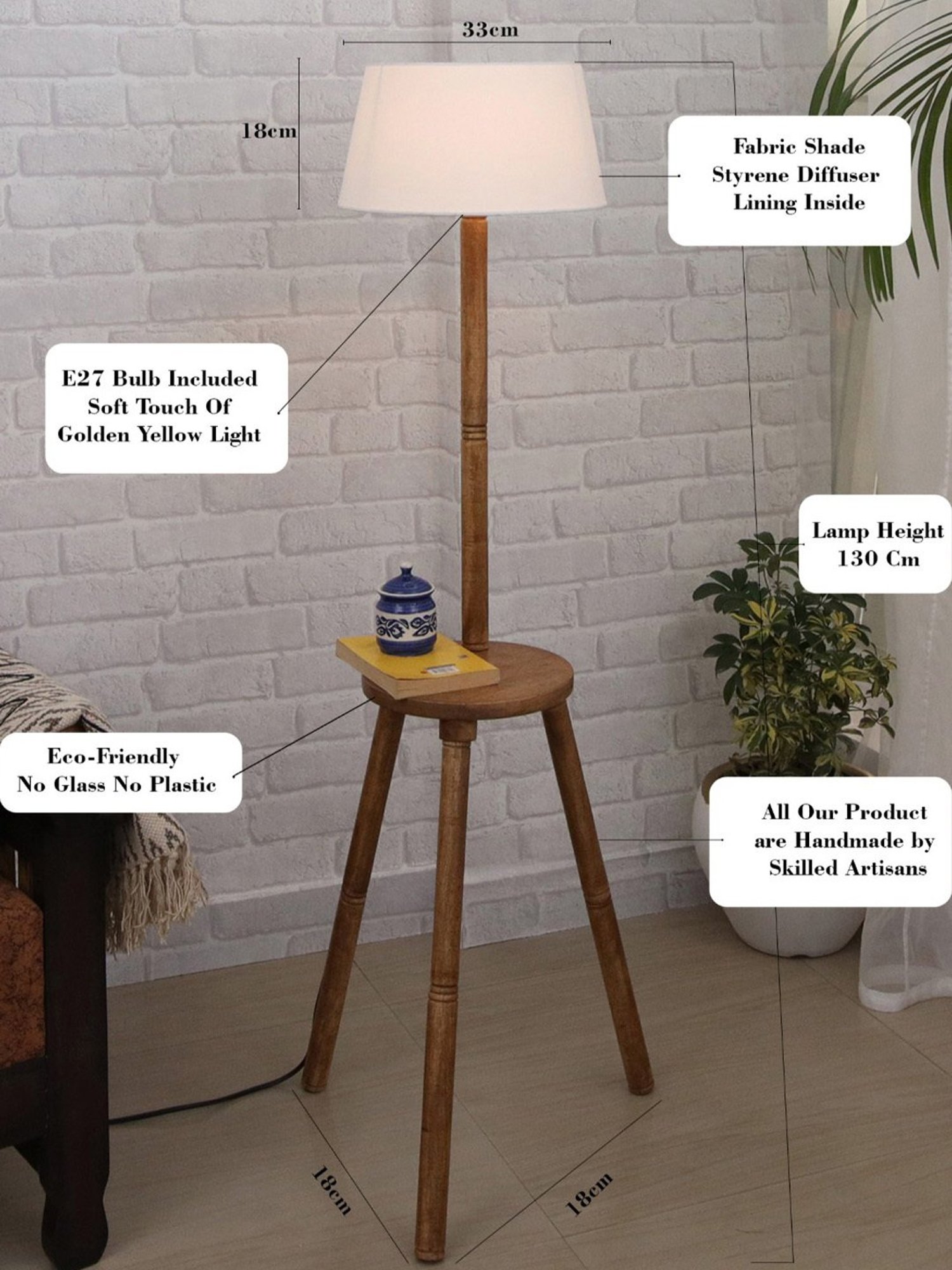 Homesake 'Tripod' White & Brown Wood Tall Floor Lamp With Shade & Bulb - Set of 1