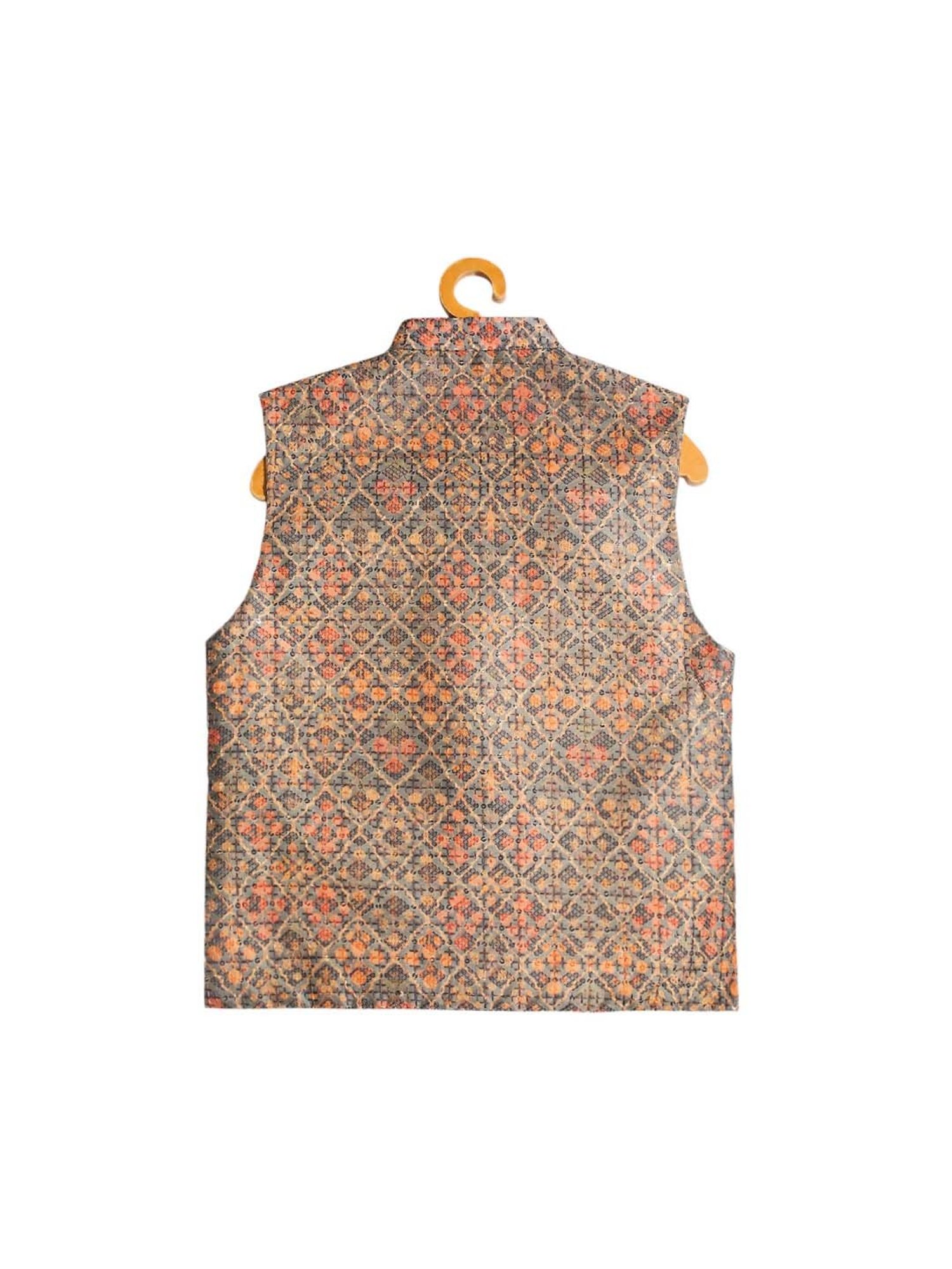 Cavio Kids Grey & Peach Cotton Embroidered Nehru Jacket