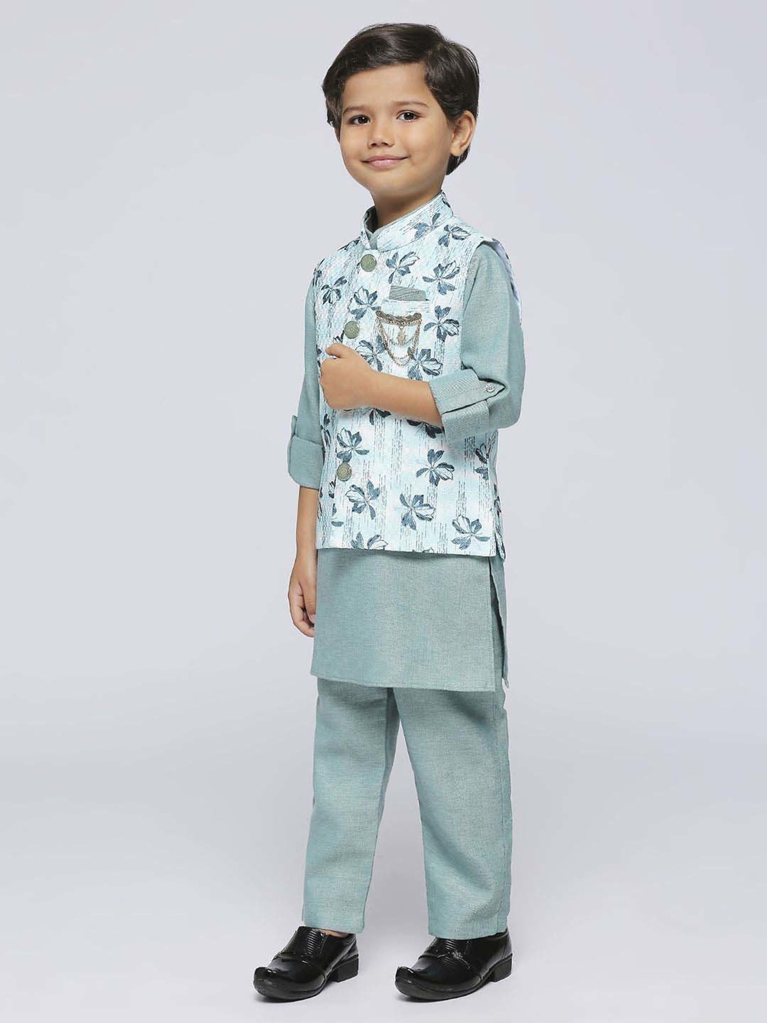 Kids Island Boys Green Jacquard Full Sleeves Kurta Set