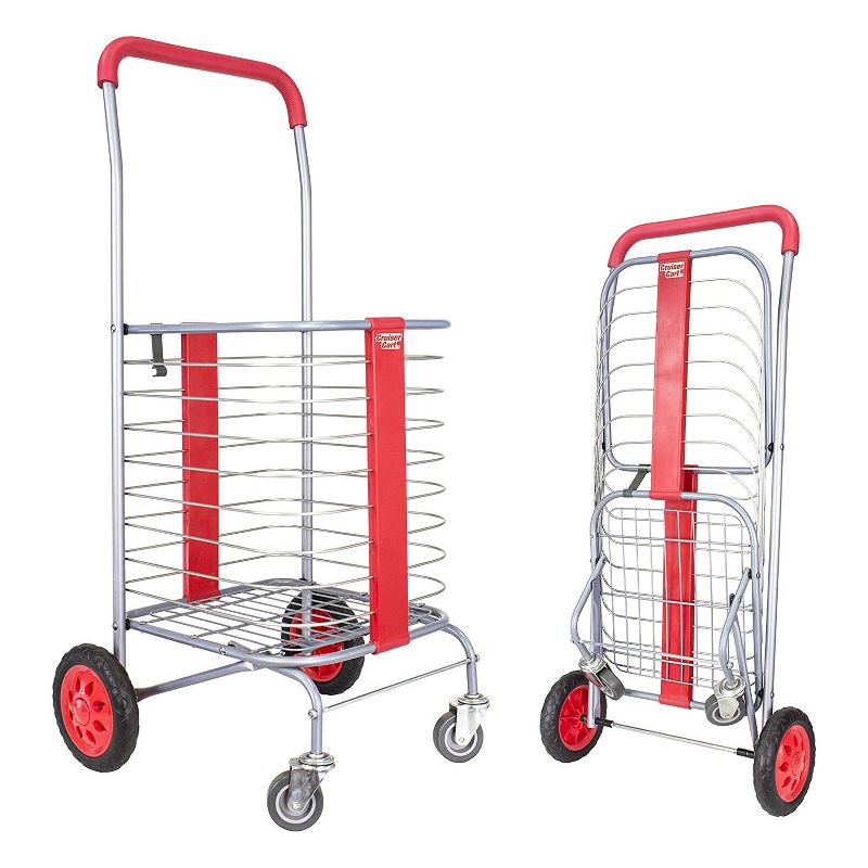 dbest products Steel Cruiser Cart 360 Foldable Lightweight Compact 4 Wheel Shopping Utility Trolley Laundry Basket and Rolling Storage Cart, Red