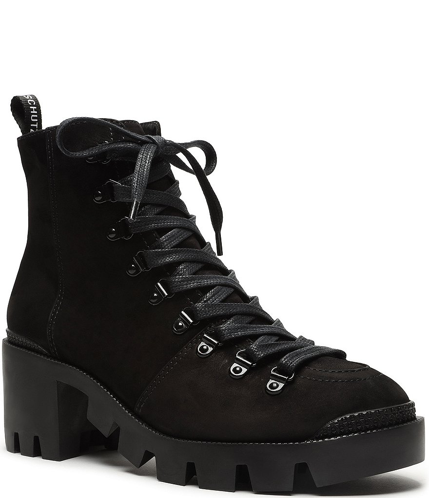 Schutz Xayane Suede Lace-Up Block Heel Lug Sole Combat Booties