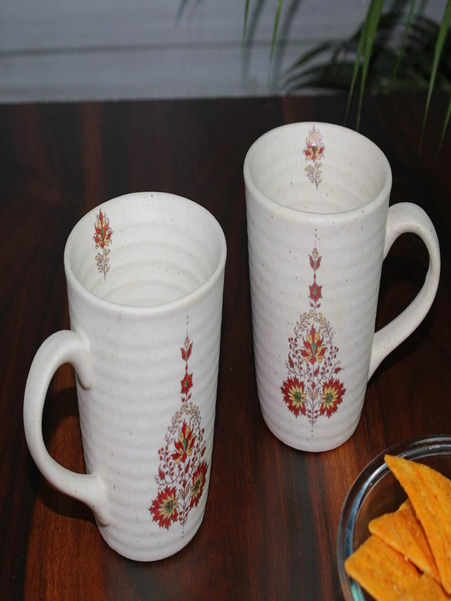 Unravel India Mugal Flower Off-White Ceramic Coffee Mug - Set of 2