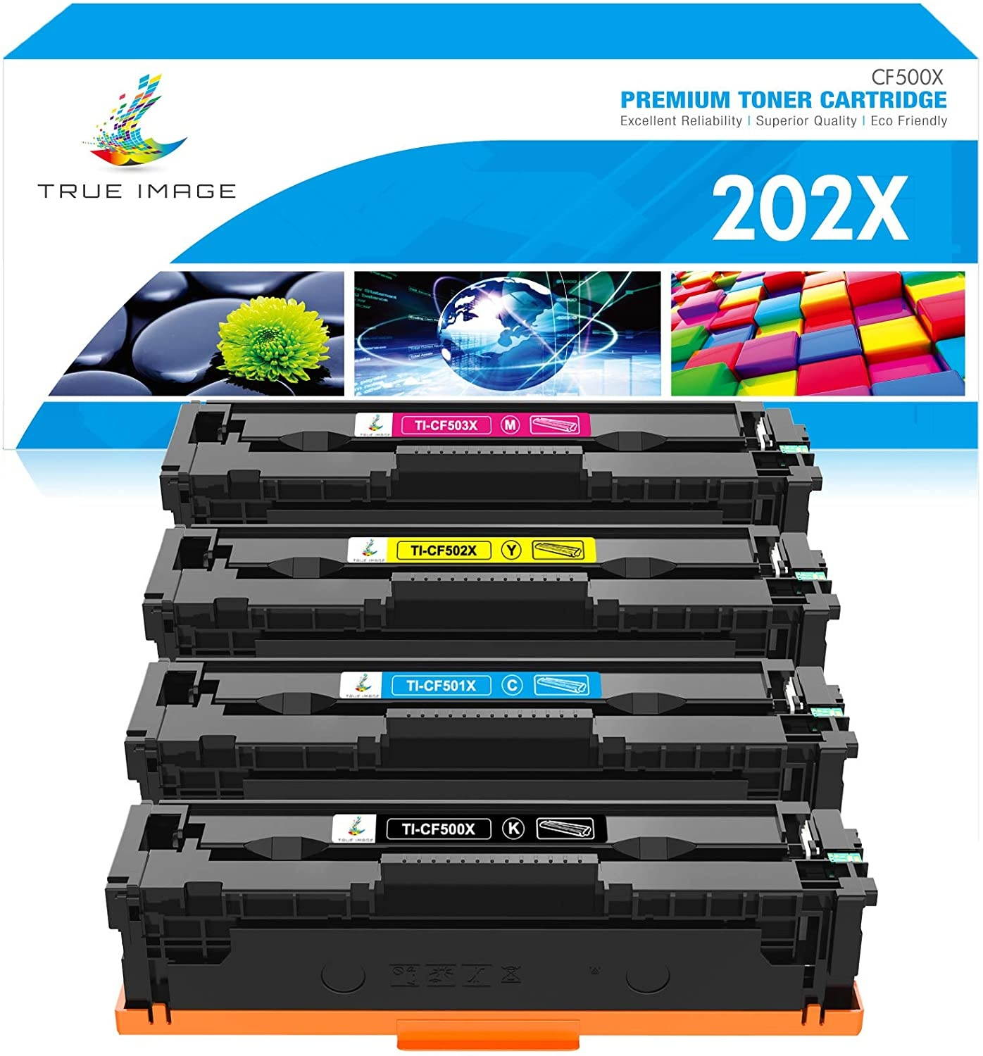 True Image Compatible Toner Cartridge Replacement for HP 202X CF500X CF500A 202A HP Color Laserjet Pro MFP M281fdw M281cdw M254dw M281fdn M254 M281 Toner Cartridge (Black Cyan Yellow Magenta, 4-Pack)
