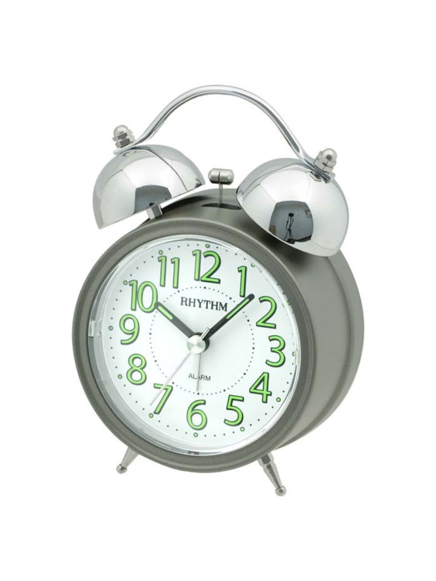 RHYTHM Grey Plastic Elegant Round Grey Light Silky Move Bell Alarm Snooze Lumibrite Table Clock
