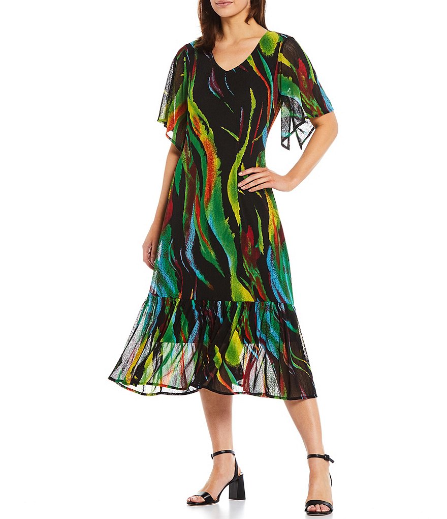 Calessa Flutter Sleeve V-Neck Brushstroke Print Mesh Midi Dress