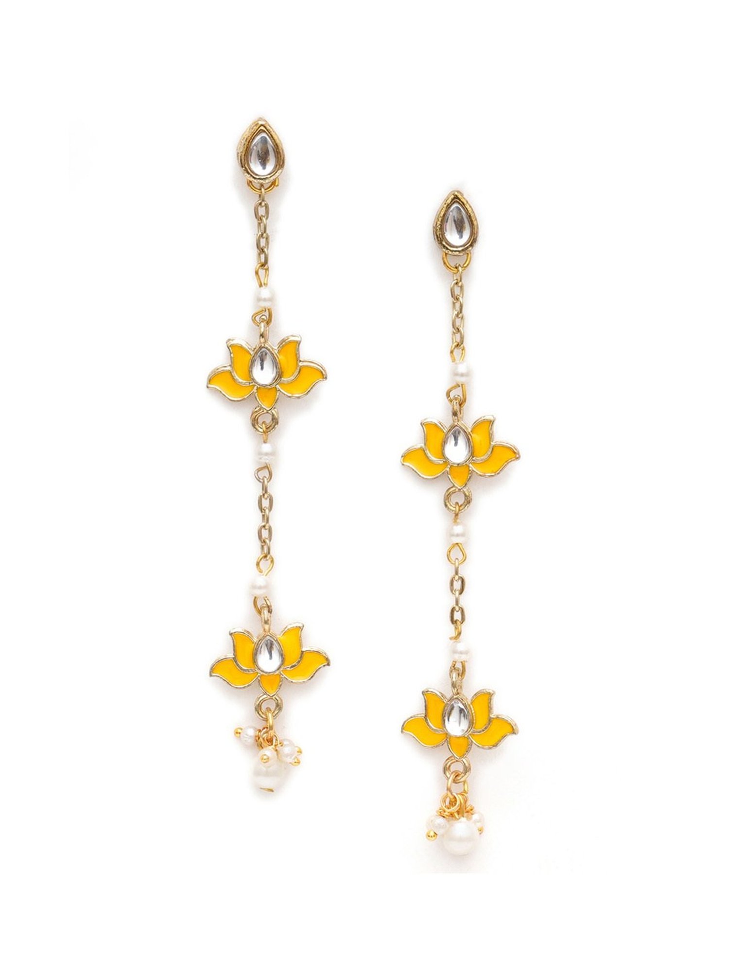 Karatcart Gold-Plated Lotus Shape Yellow Kundan Dangler Earrings