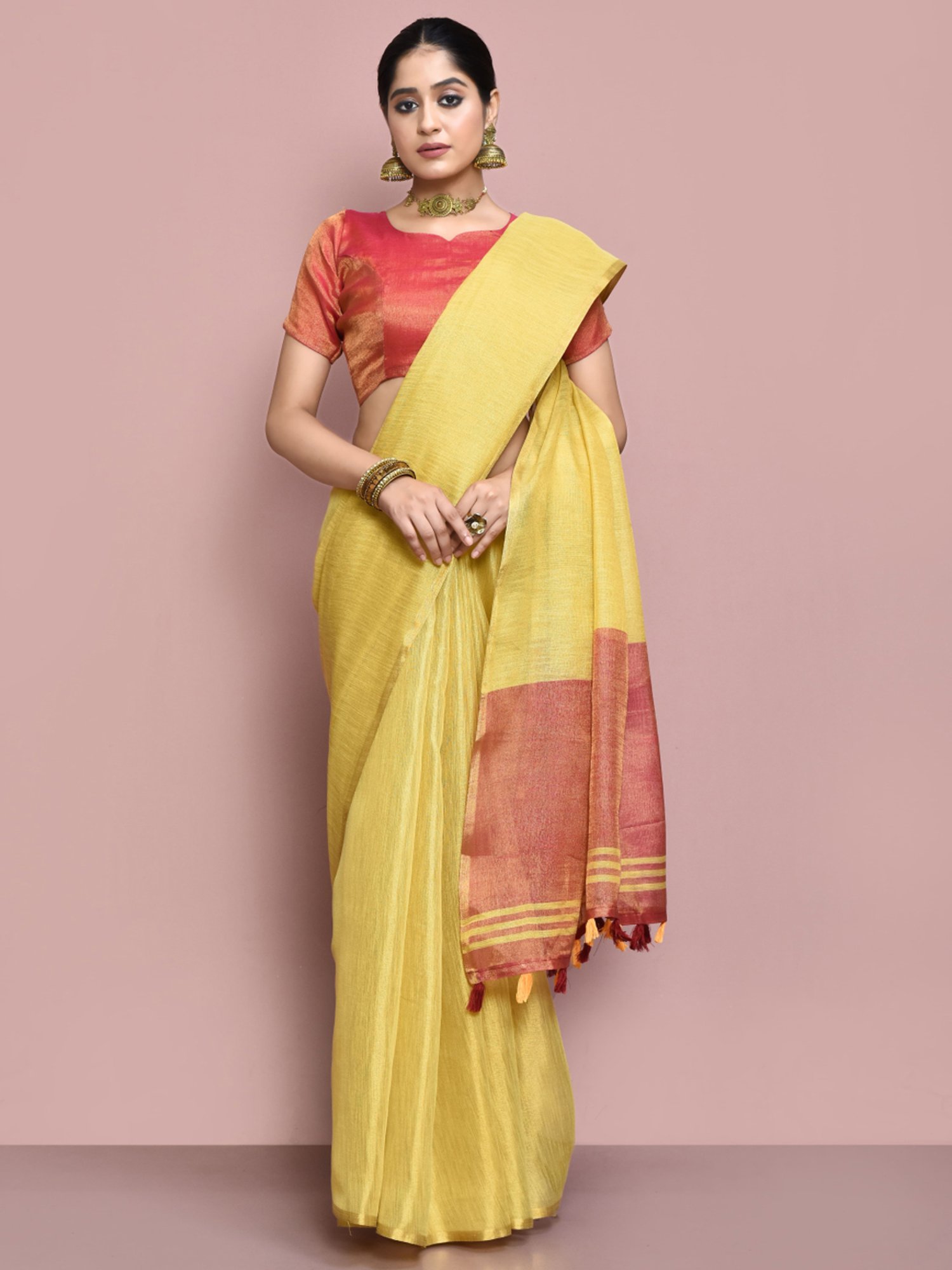 Elora Yellow Linen Saree With Unstitched Blouse