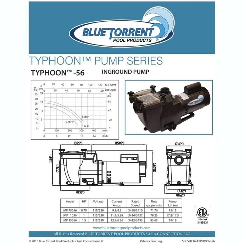 Blue Torrent AC IMP1056 1 HP Typhoon 56 Frame Threaded Enclosed 115 Volt Self Priming Pool Pump with Cord for Hayward Super Plumbing, Black