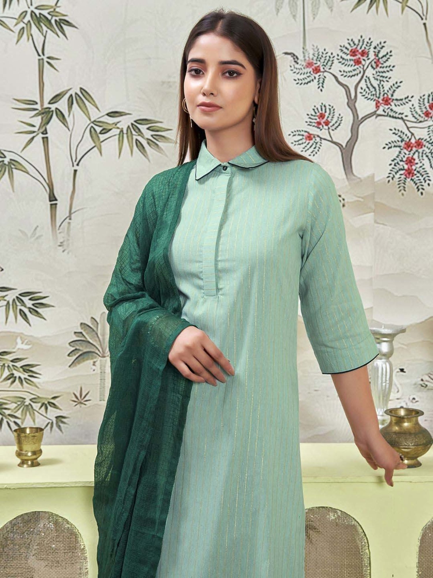 Skylee Green Cotton Striped Kurta Pant Set With Dupatta