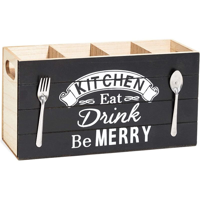 Rustic Wood Kitchen Cooking Utensil Holder Organizer Storage Caddy, 4 Compartments for Cutlery Silverware Flatware, 11.5"x3"x5.6" Brown/Black