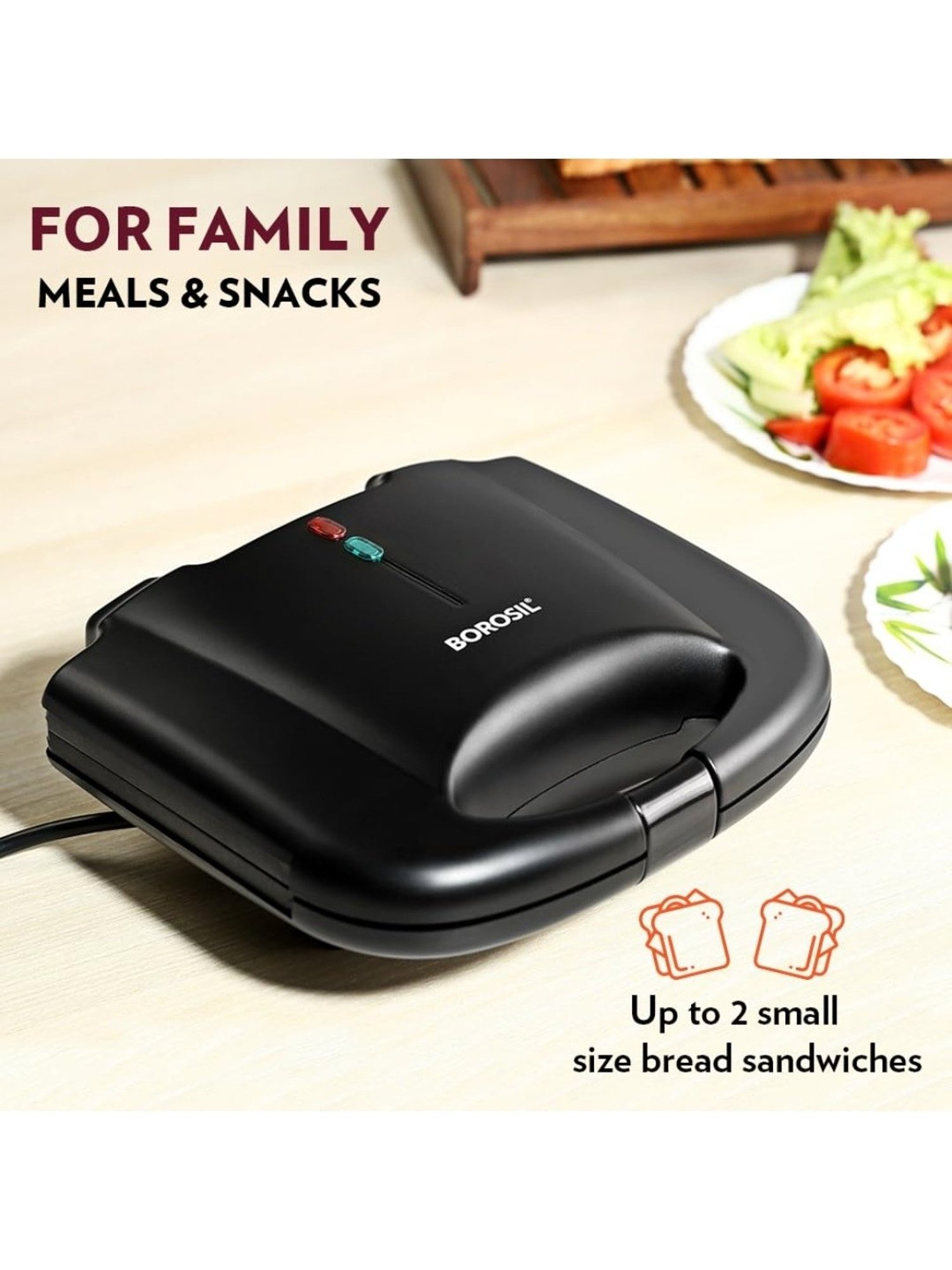 Borosil Sandwich Maker 800W Non Stick Coating (Black)