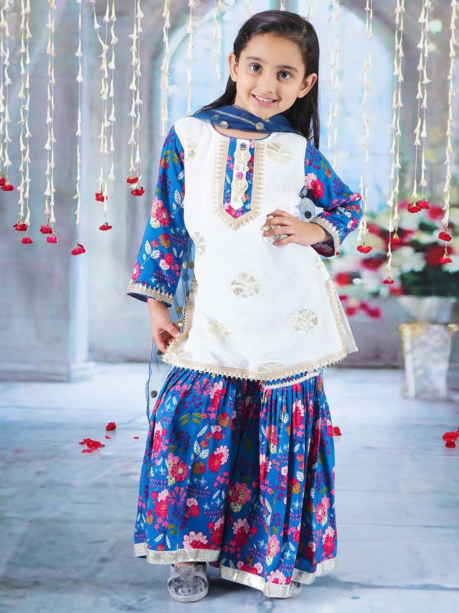 Little Bansi White & Blue Cotton Floral Print Full Sleeves Kurta Set