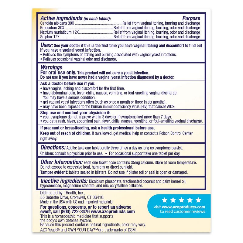 AZO Yeast Plus Dual Relief, Yeast Infection + Vaginal Symptom Relief - 60ct