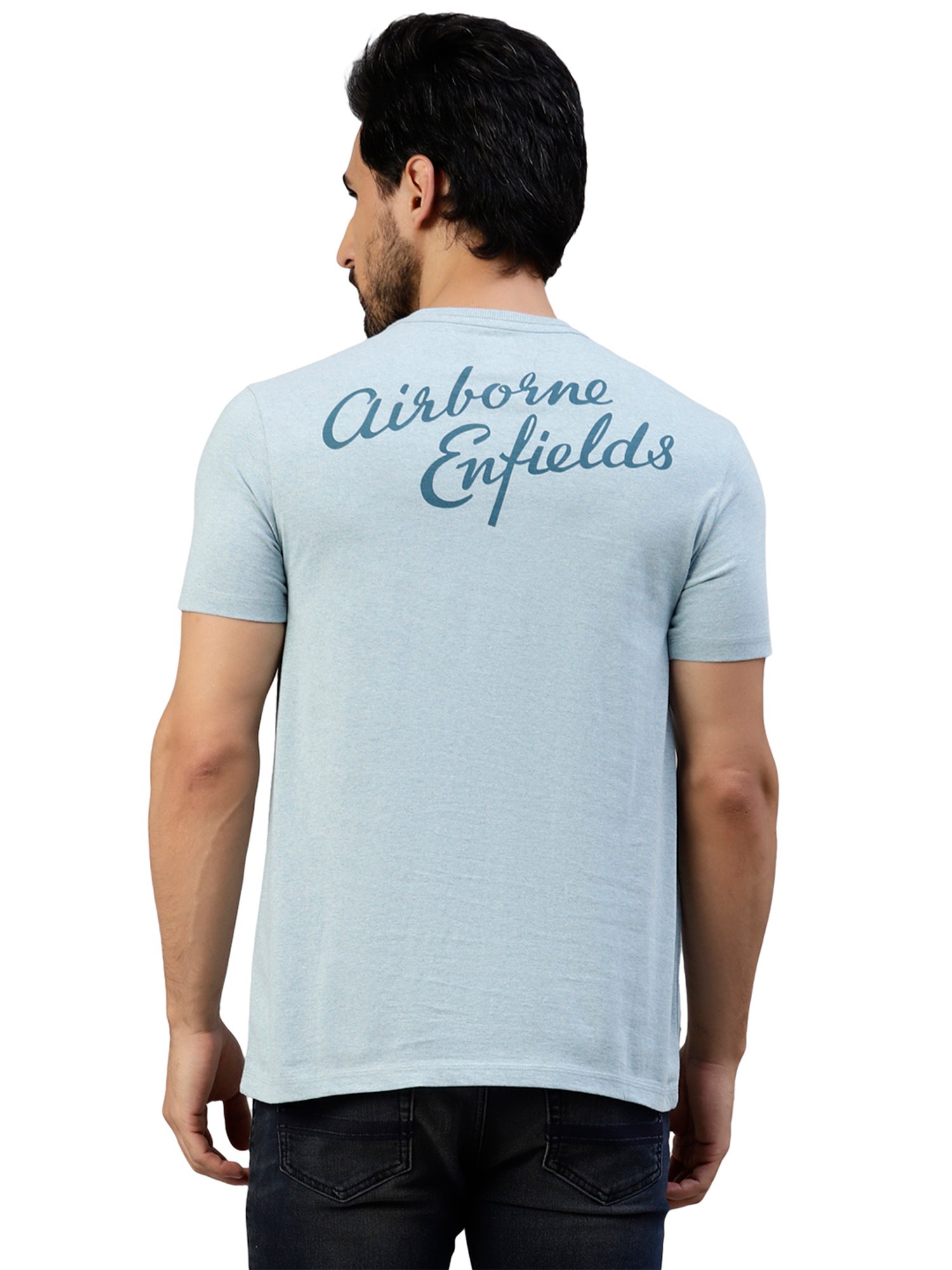 Royal Enfield Trail Master Blue Melange Regular Fit Printed Crew T-Shirt