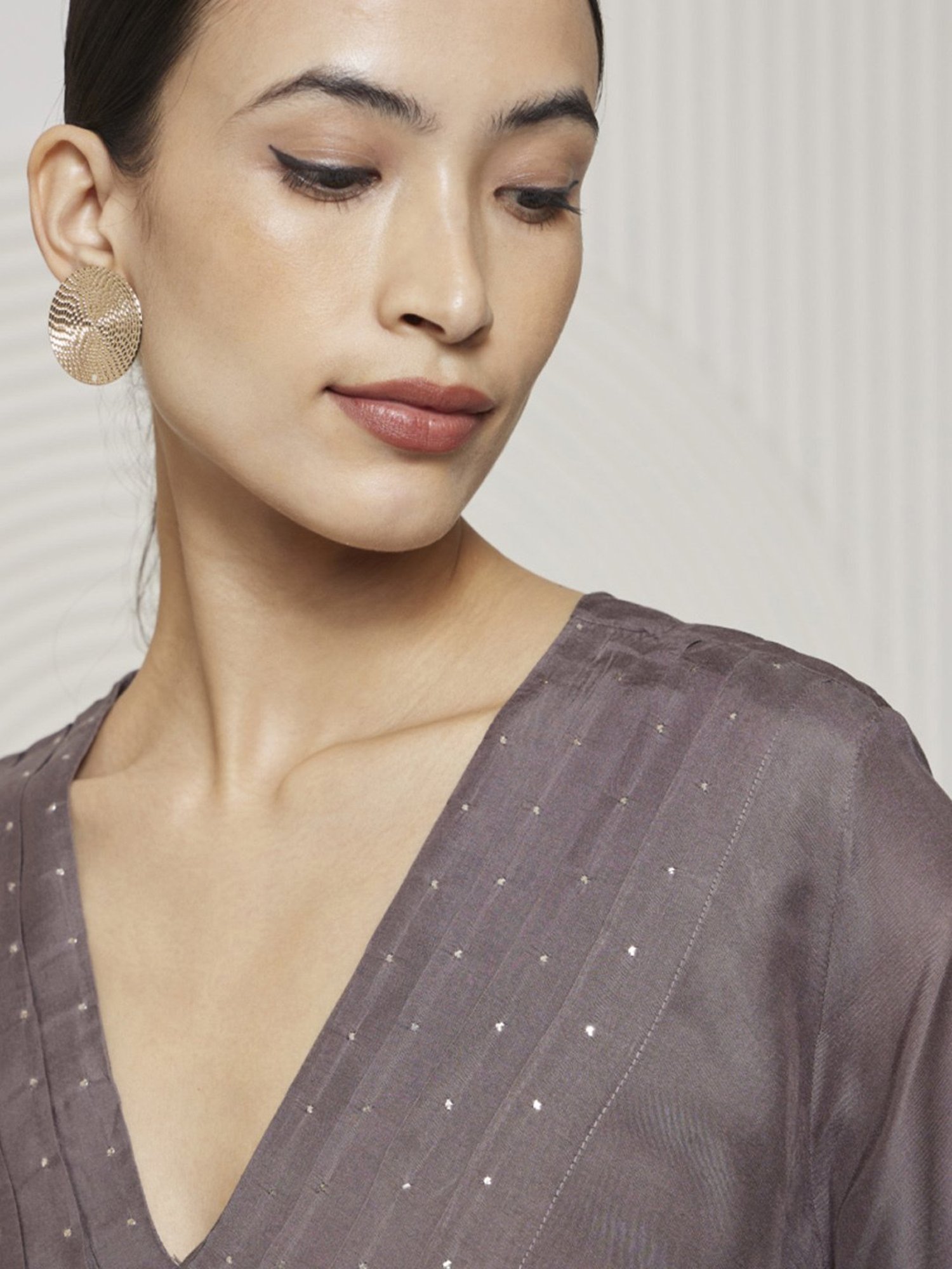 Artagai Granite Grey Kashida Pleated Fit And Flare Dress With Mukesh Work