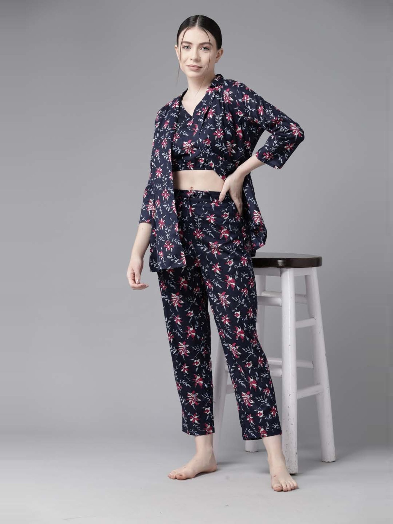 Prakrti Navy Cotton Floral Print Crop Top Pant Set With Jacket