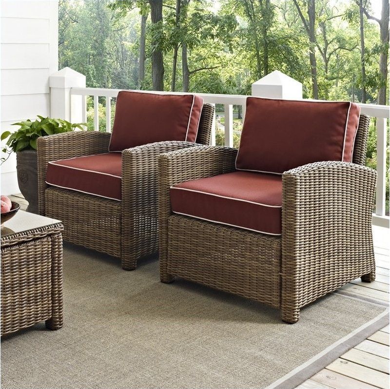 Steel 2 Piece Outdoor Wicker Seating Set with Sangria Cushions in Brown-Pemberly Row