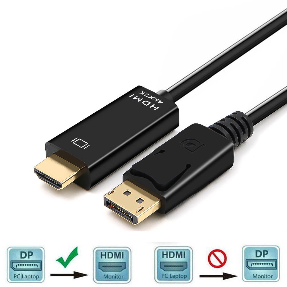 4K DisplayPort to HDMI Cable 6ft, Gold-Plated DP Displayport Male to HDMI Male Audio Video Cable for Lenovo, HP, DELL, GPU, AMD, ASUS, 6 Feet, Black