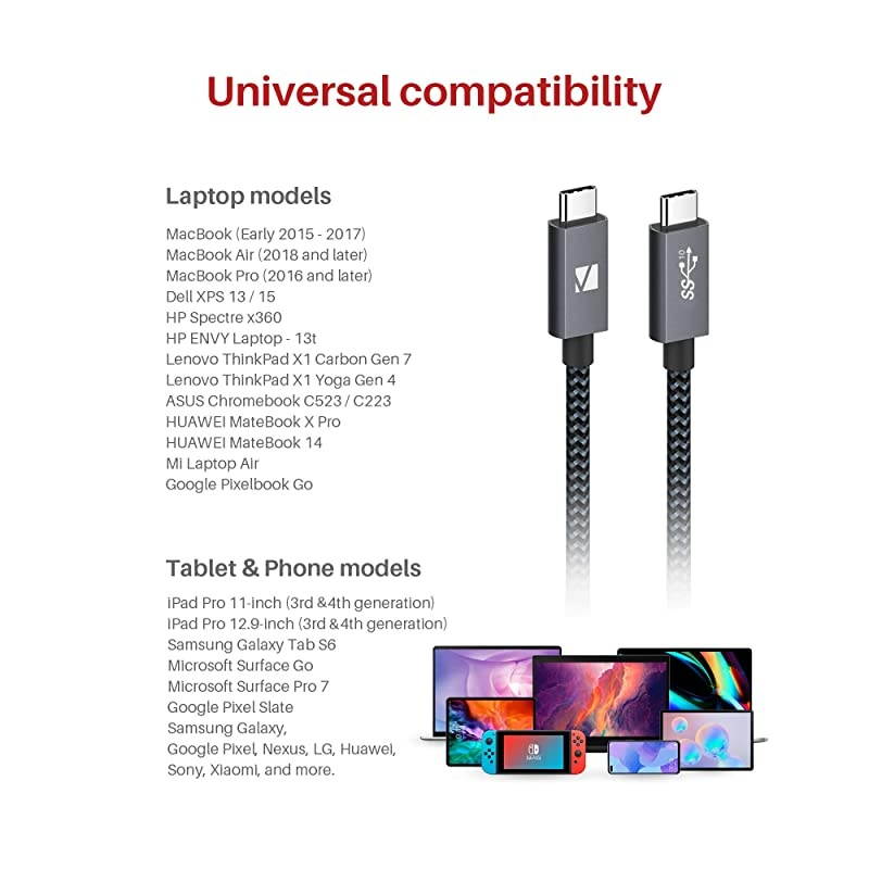 100W USB C to USB C Cable [3.3ft, 20Gbps], USB-C 3.2 Gen 2x2 Cable with PD Fast Charge and 4K Video Output, Braided Type-C Cable, for MacBook, Chromebook Pixel, Samsung, Switch