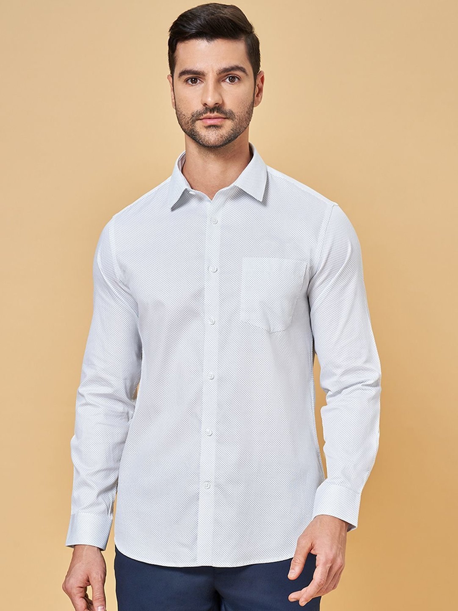 Peregrine by Pantaloons White Cotton Slim Fit Printed Shirt