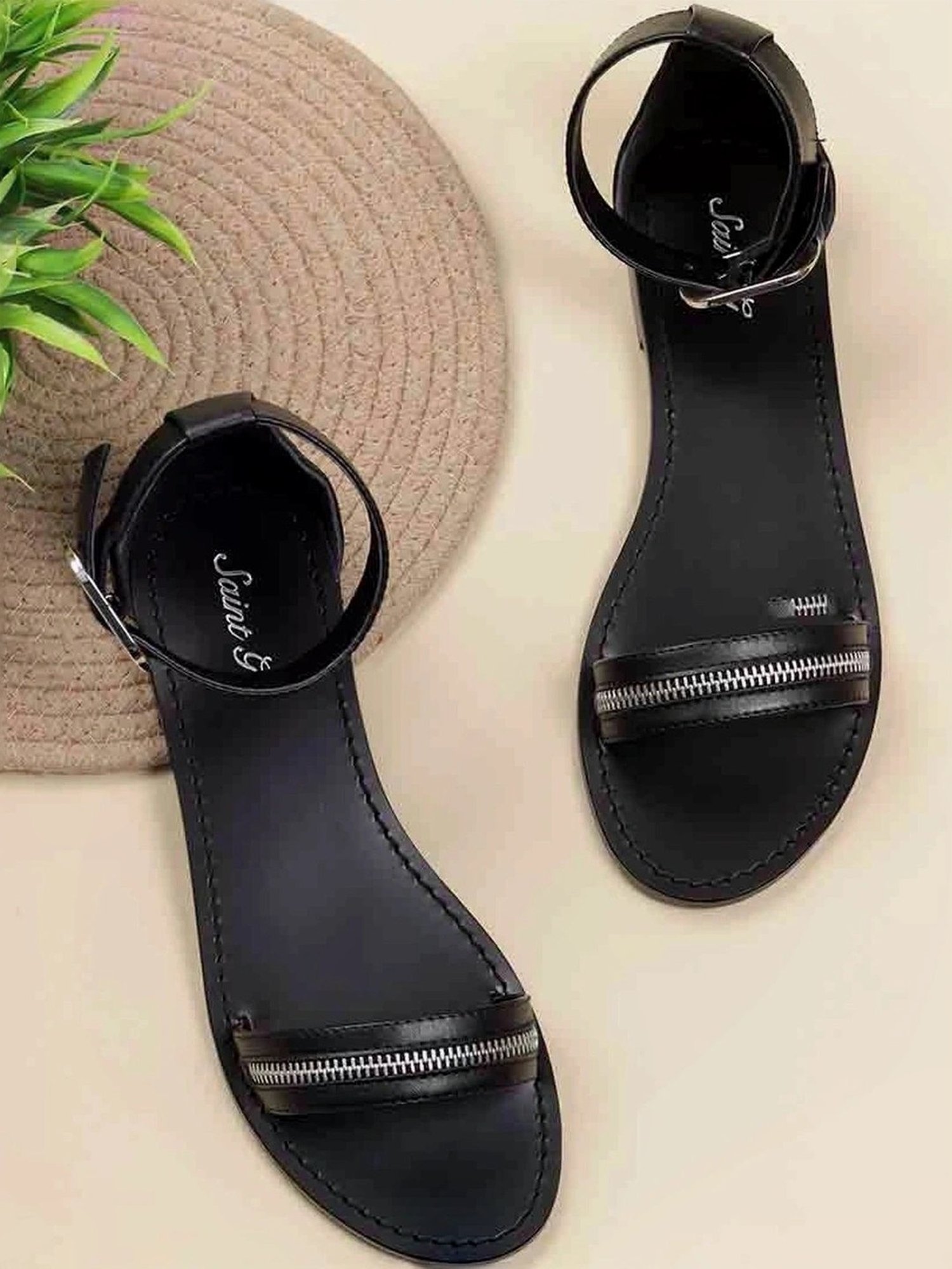 Saint G Women's Zip Decor Black Ankle Strap Sandals