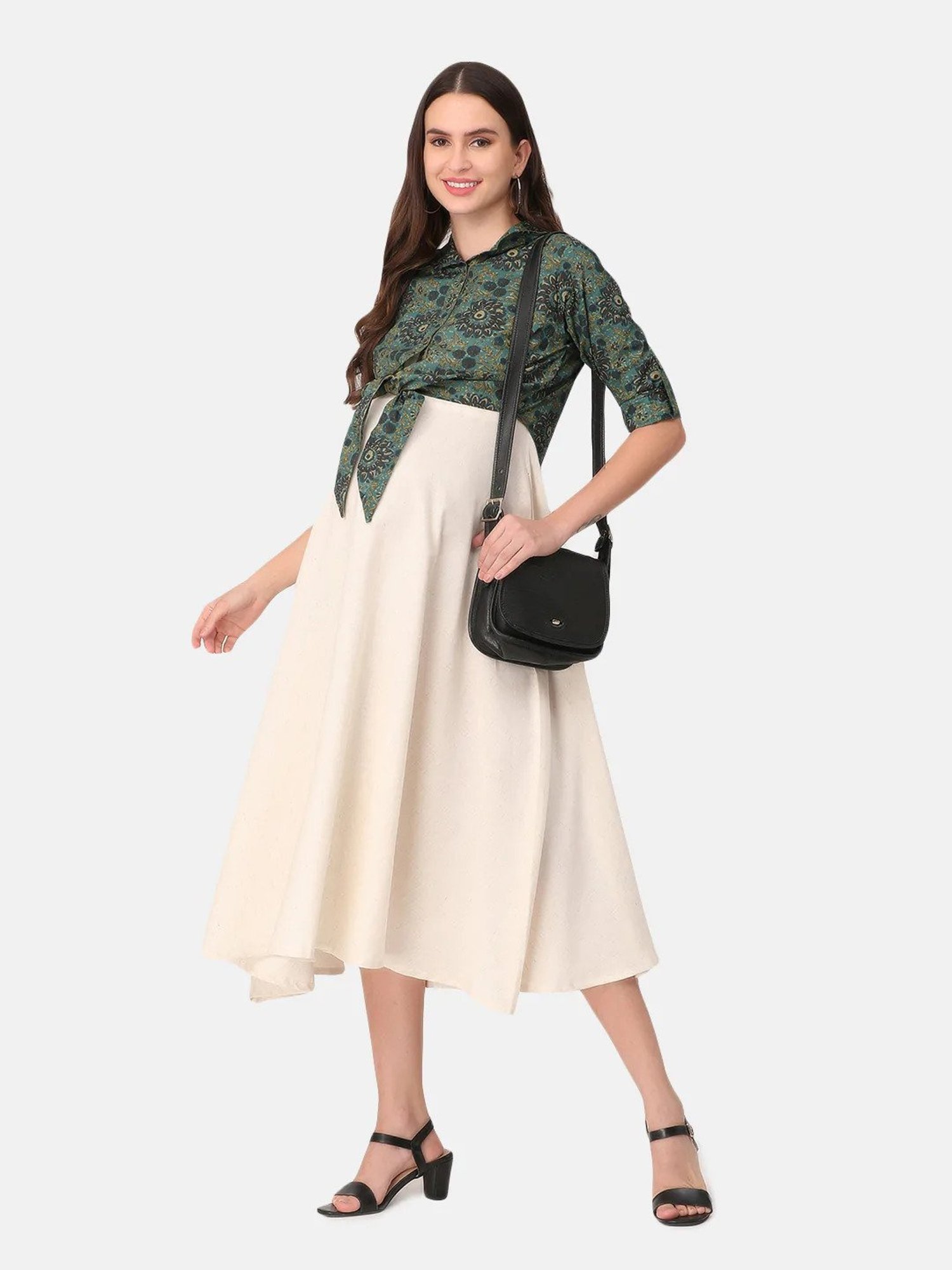The Mom Store Cream & Green Printed Maternity Dress With Jacket