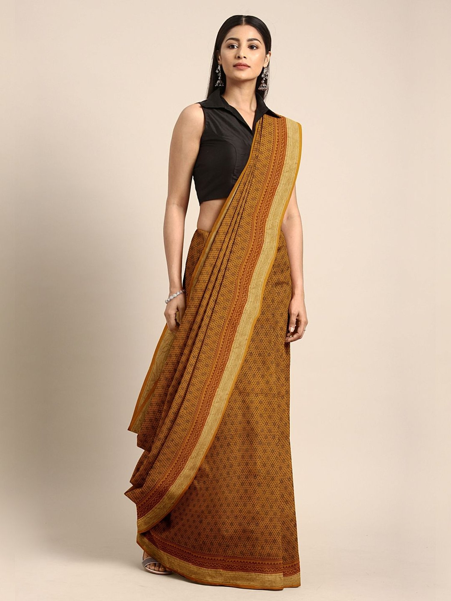 Kalakari India Yellow Cotton Printed Saree With Unstitched Blouse