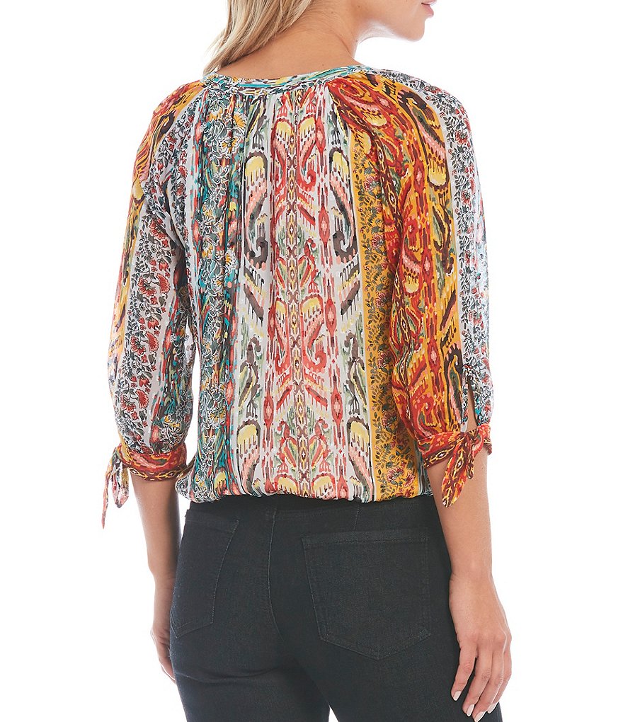 Figueroa & Flower Petite Size Lita Printed Dot Clip Chiffon 3/4 Tie Sleeve Split V-Neck Bubble Hem Top