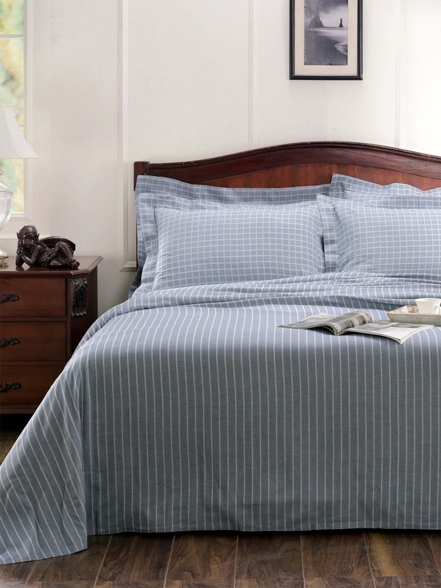 Maspar Cotsmere Bliss Stripes Blue 300 TC Cotton Bed Sheet with 2 Pillow Covers