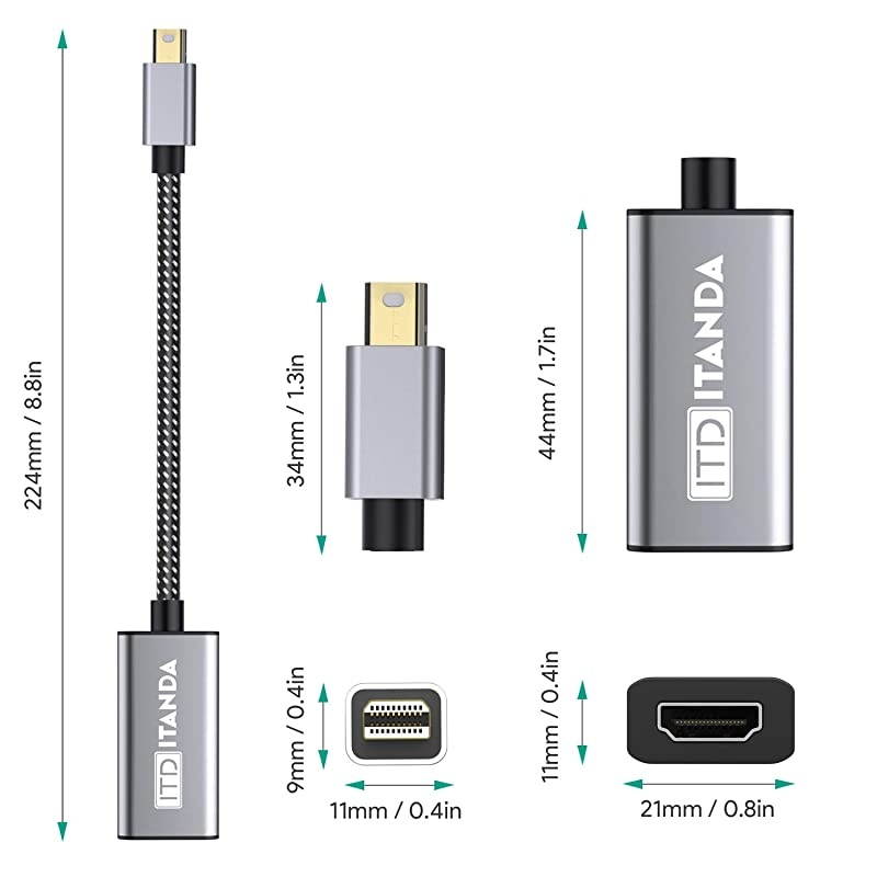 DisplayPort to HDMI Adapter ITANDA Nylon Braided GoldPlated MDP to HDMI Adapter for HP ThinkPad AMD NVIDIA Desktop and More Male to Female Space Grey Grey