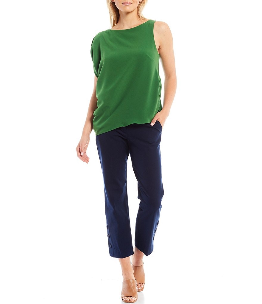 Trina Turk Sunset Boat Neck Pleated Shoulder Detail Sleeveless Side Ruching Detail Top