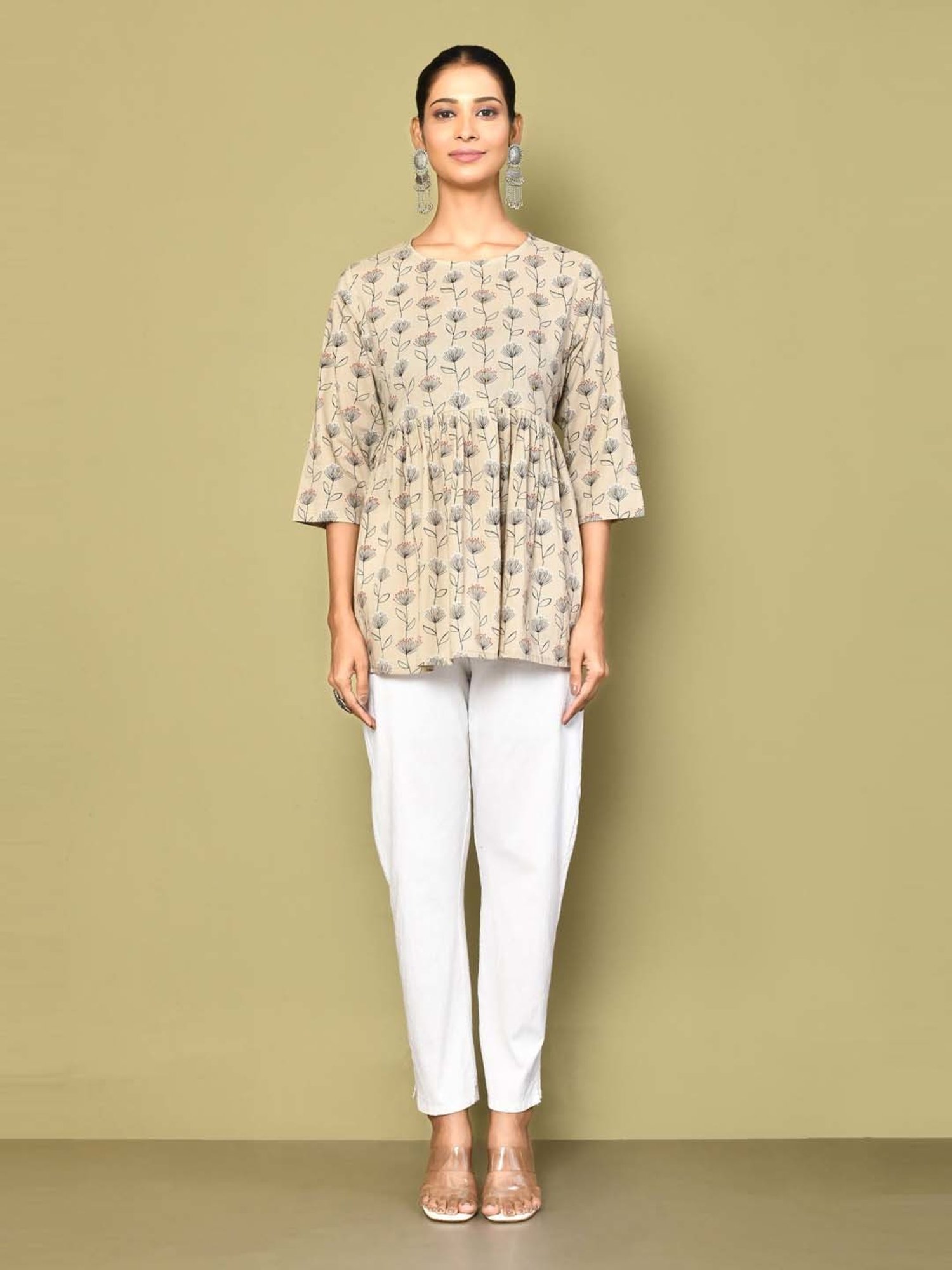 Miravan Beige Cotton Printed A Line Short Kurti
