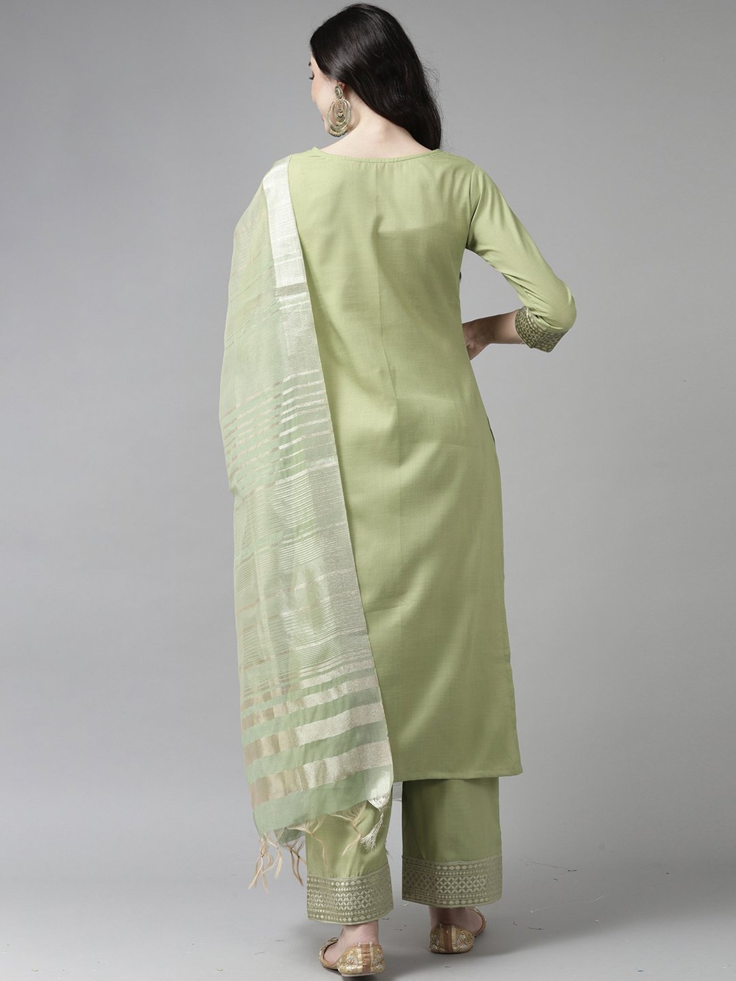 Indo Era Green Woven Pattern Kurta Palazzo Set With Dupatta