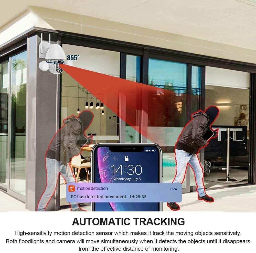 3MP Security Camera Outdoor Wireless WiFi,Floodlight Security Camera, Surveillance Cameras for Home Security System,Work with Alexa/Google Home,PTZ,2-Way Audio,Motion Activated,Waterproof,Tuya APP