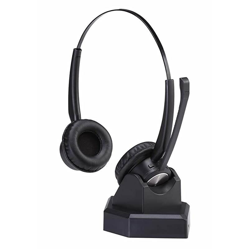 Wireless Telephone Headset with Noise Cancelling Microphone for Call Centers Office Bluetooth Headset for Cell Phone PC Skype Softphone Car Trucker Driver Over The Head with Charging Dock