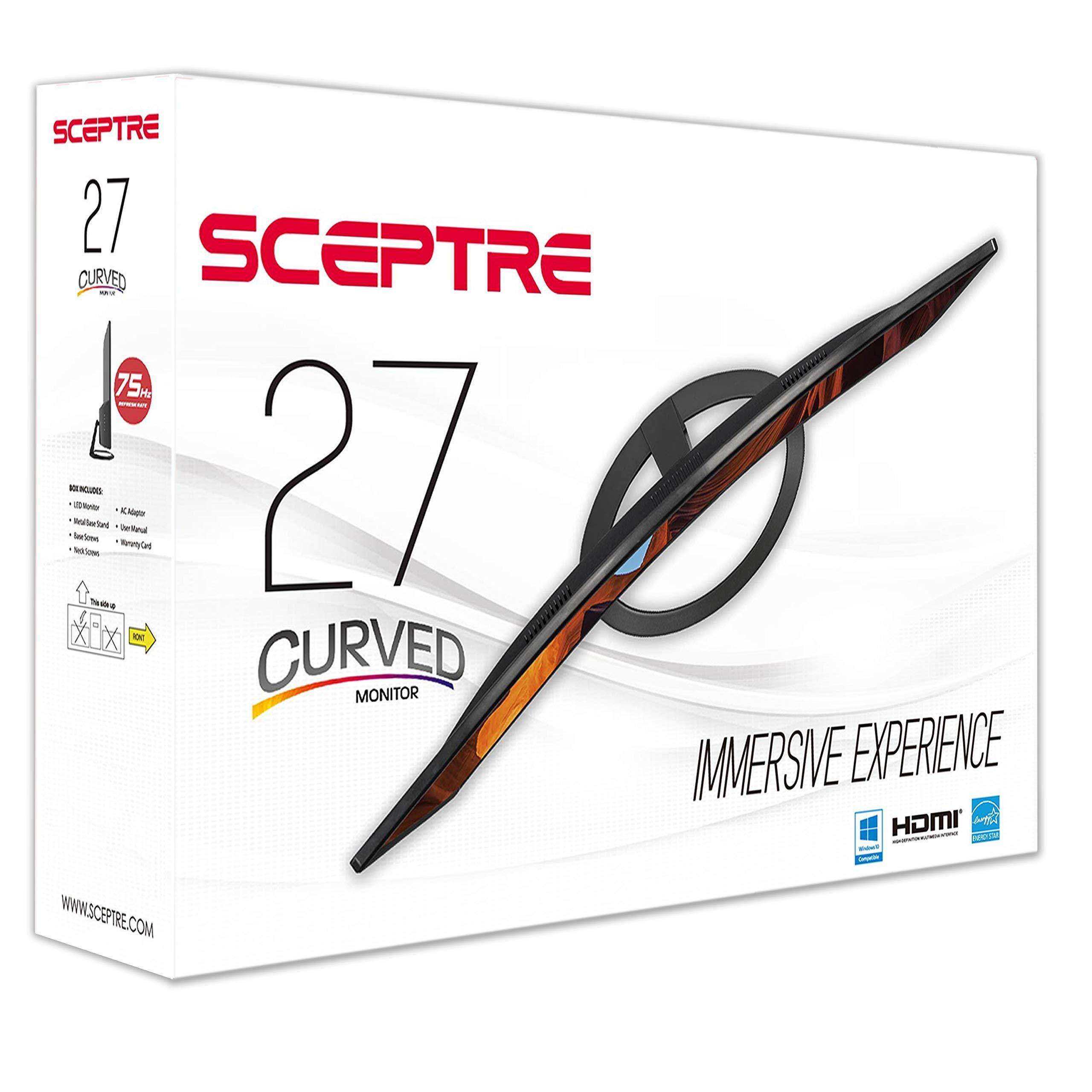 SCEPTRE 27" Curved LED Monitor C278W-1920R Full HD 1080P HDMI DisplayPort VGA Speakers, Ultra Thin Brushed Metallic, 1800R immersive curvature, 2018