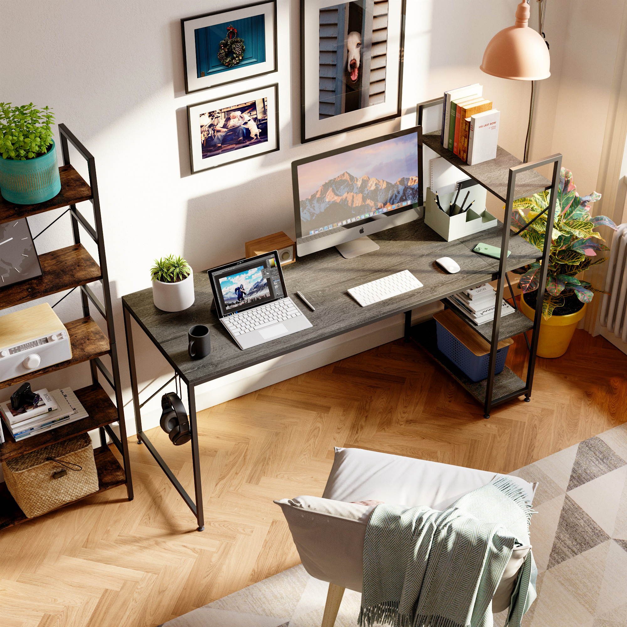 Bestier 63 Inch Computer Desk with Storage Shelves, Modern Bookshelf Desk with Headphone Hook Large Workstation Writing Desk with Reversible Bookshelves Home Office Work Table Study Desk Grey