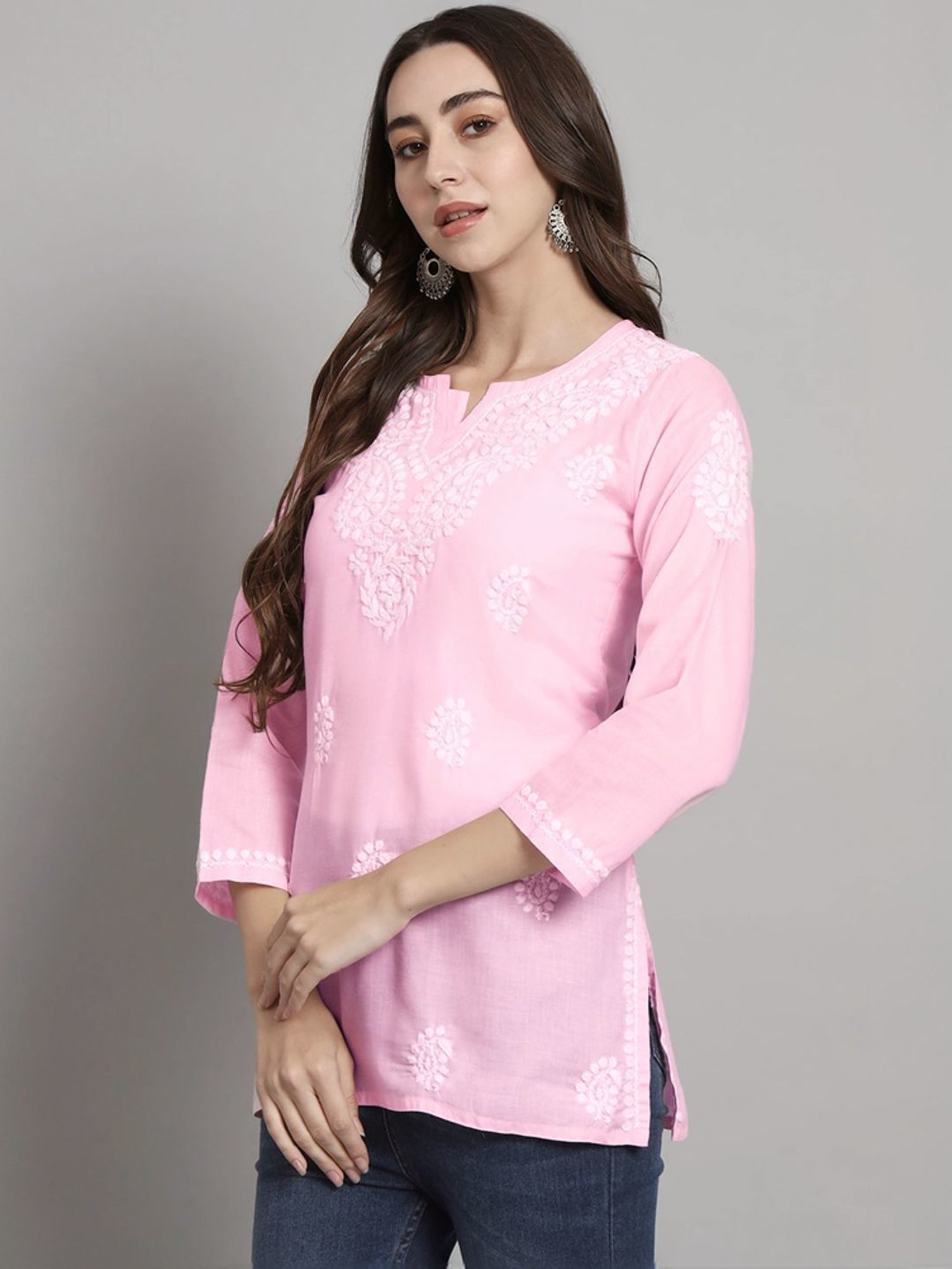 PARAMOUNT CHIKAN Pink Cotton Hand Embroidered Chikankari Straight Kurti