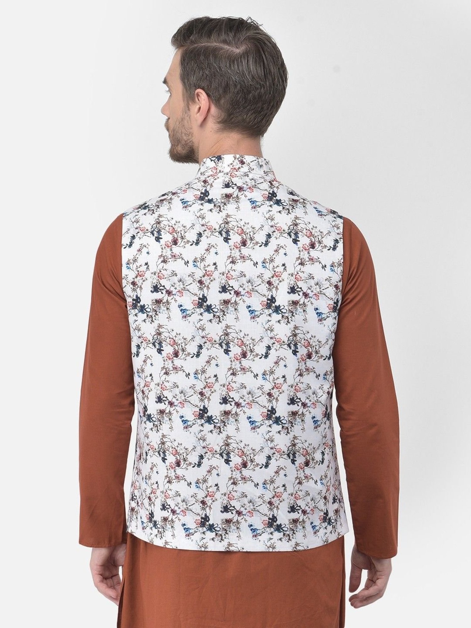 TABARD White Cotton Regular Printed Nehru Jacket