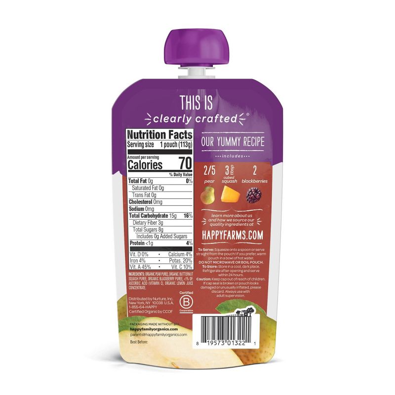 HappyBaby Clearly Crafted Pears Squash & Blackberries Baby Food - 4oz