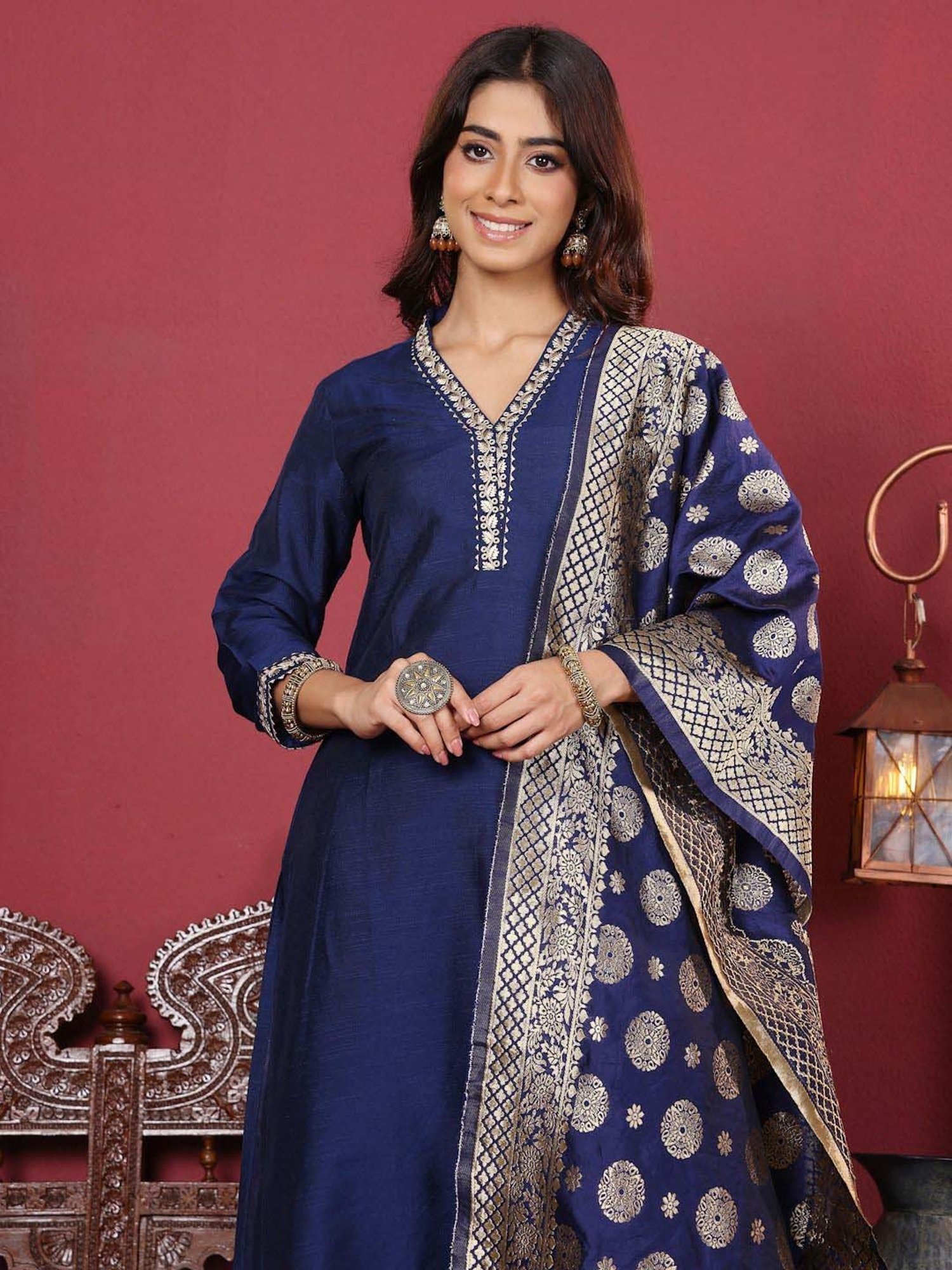 Varanga Blue Embroidered Kurta & Pant Set With Dupatta