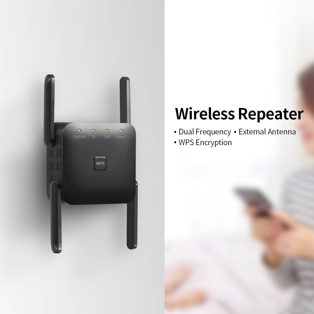1200Mbps Dual Frequency 2.4G/5G Wireless Repeater WiFi Signal Amplifier WiFi Range Extender for Home Office Black US Plug