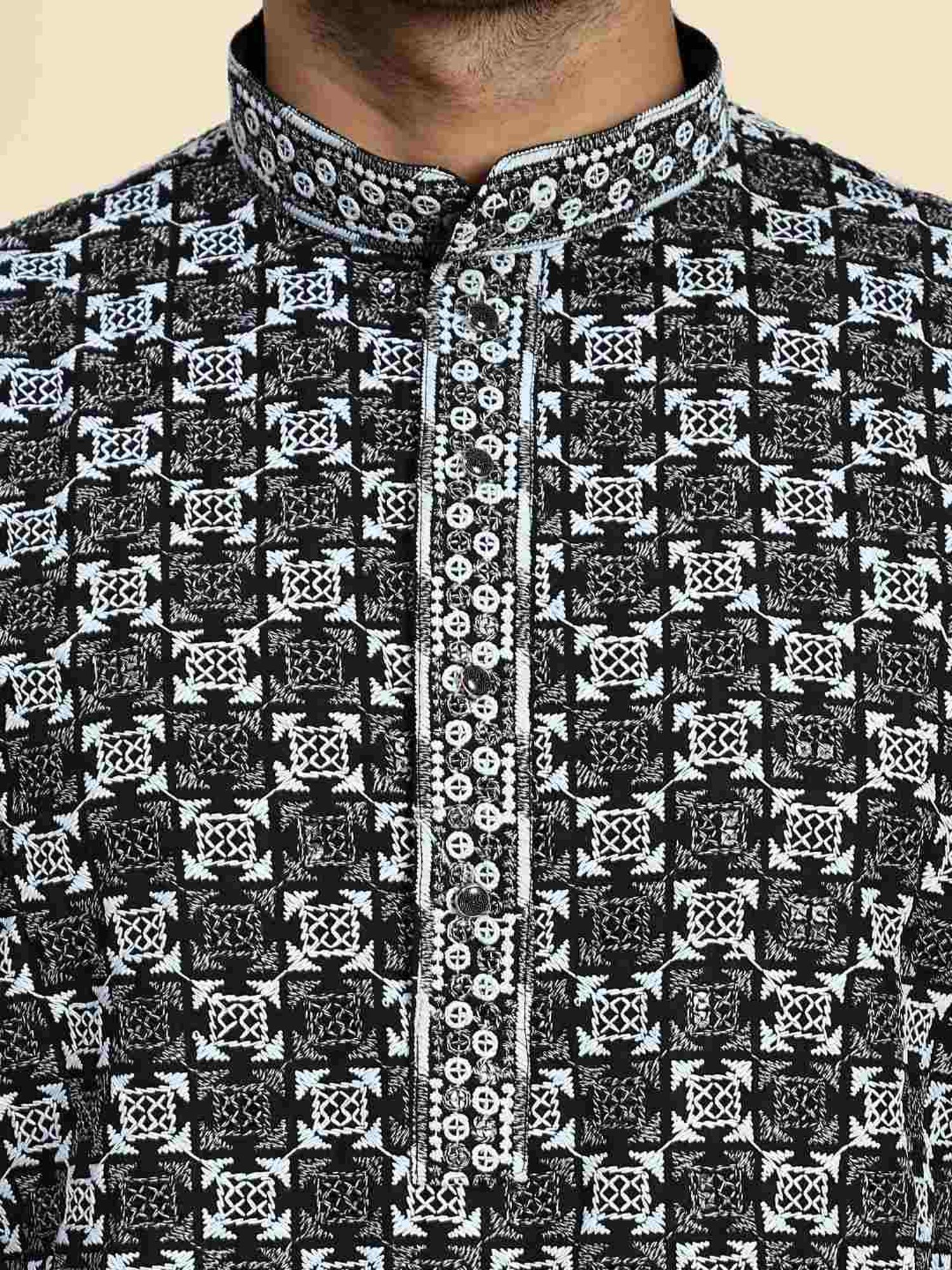 Pro-Ethic Style Developer Black & White Cotton Regular Fit Embellished Kurta Bottom Set