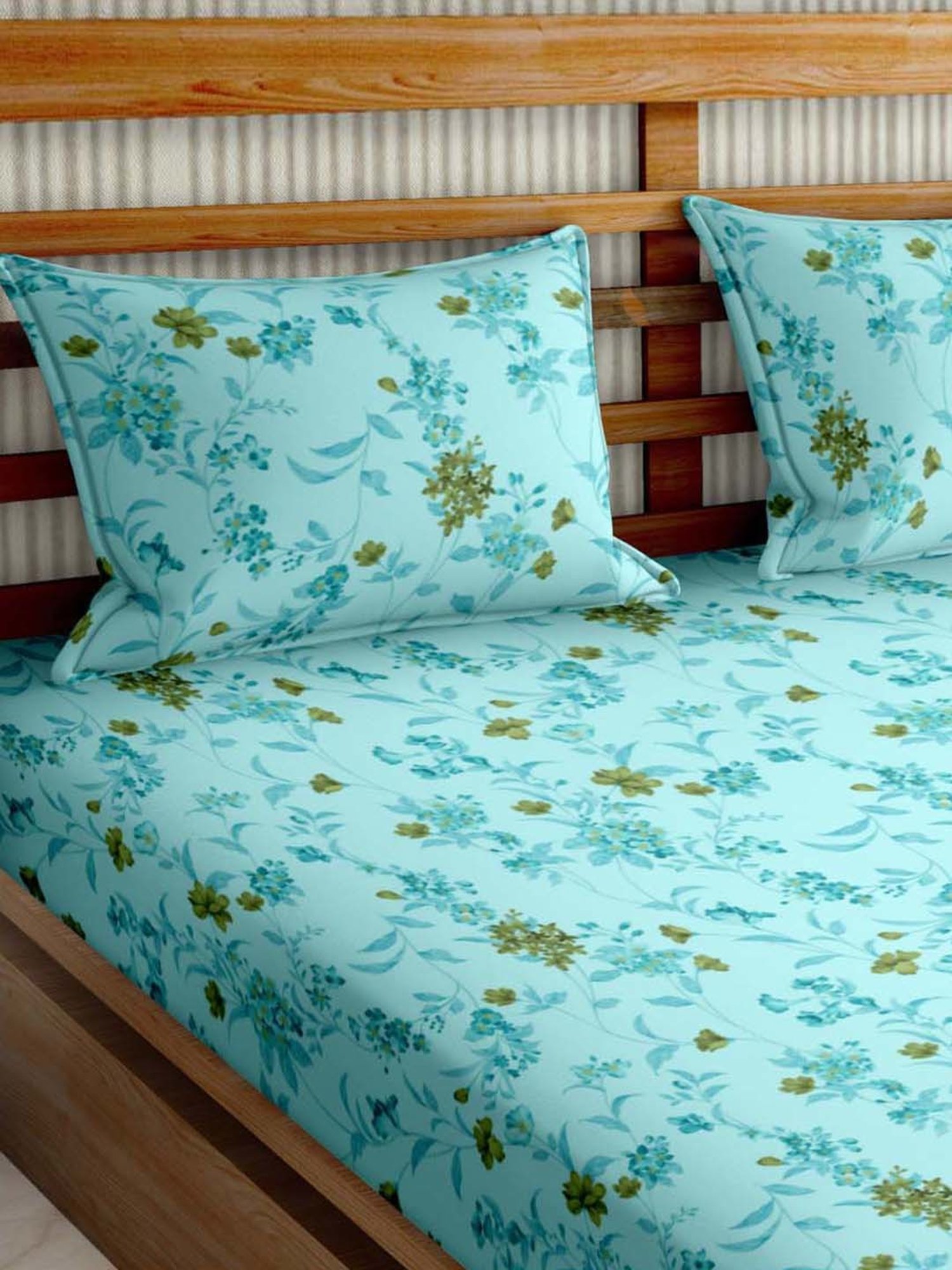 Bella Casa Stella Collection Cyan Cotton 180 TC King Size Bedsheet with 2 Pillow Covers