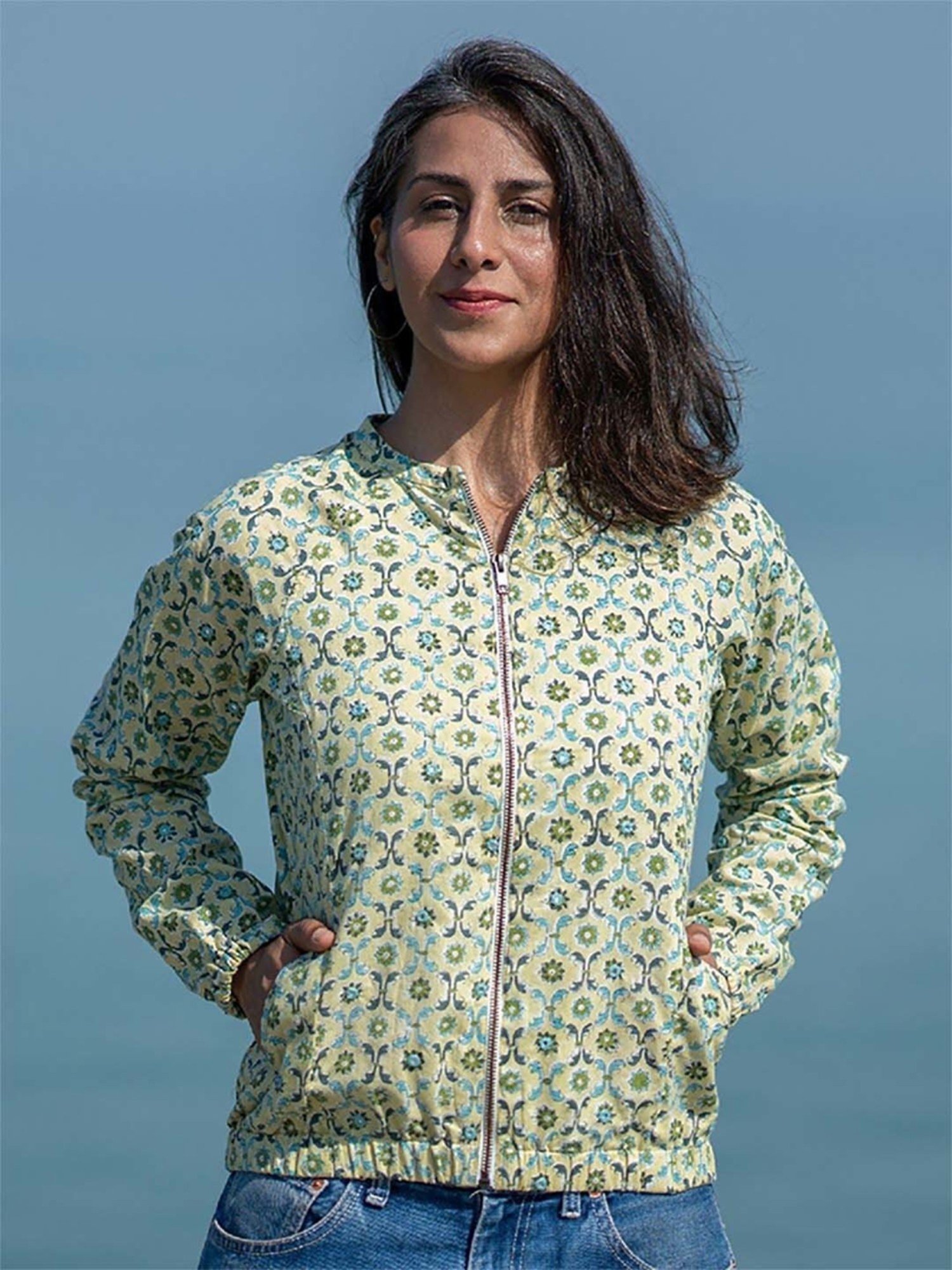 Okhai Melancholy Pista Green Pure Cotton Hand Embroidered Bomber Jacket