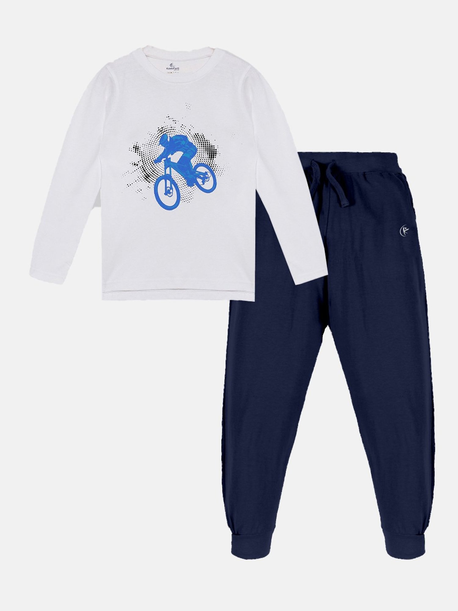Kiddopanti Kids White & Navy Printed Full Sleeves T-Shirt with Trackpants