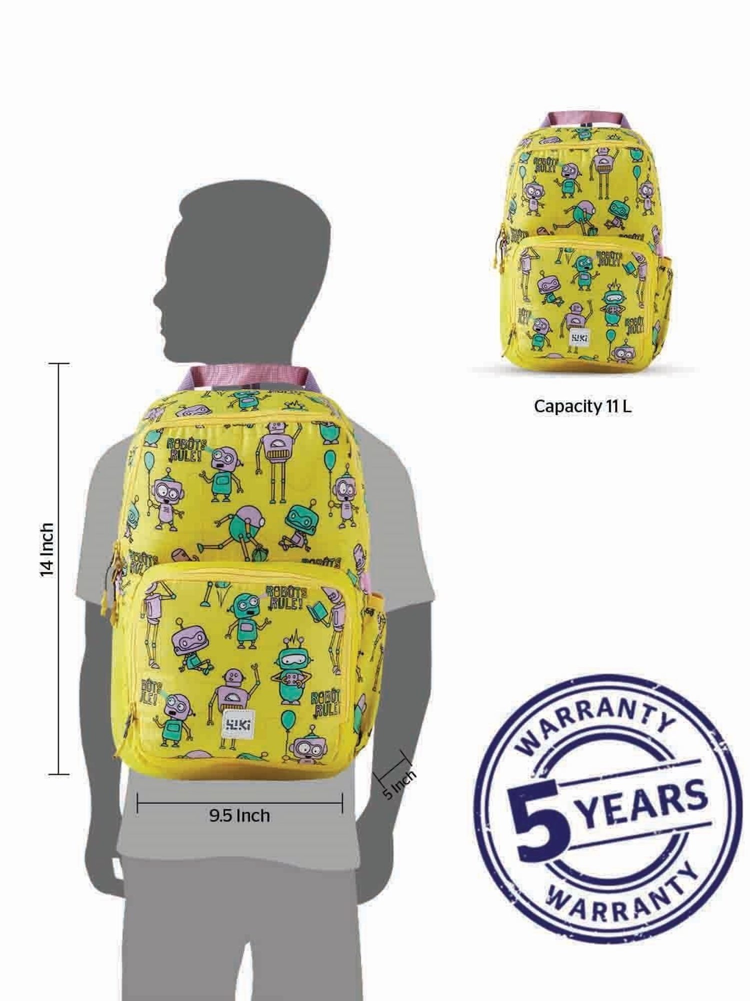 Wiki Back to School Champ 1 Yellow Polyester Printed Backpack - 11 Ltrs