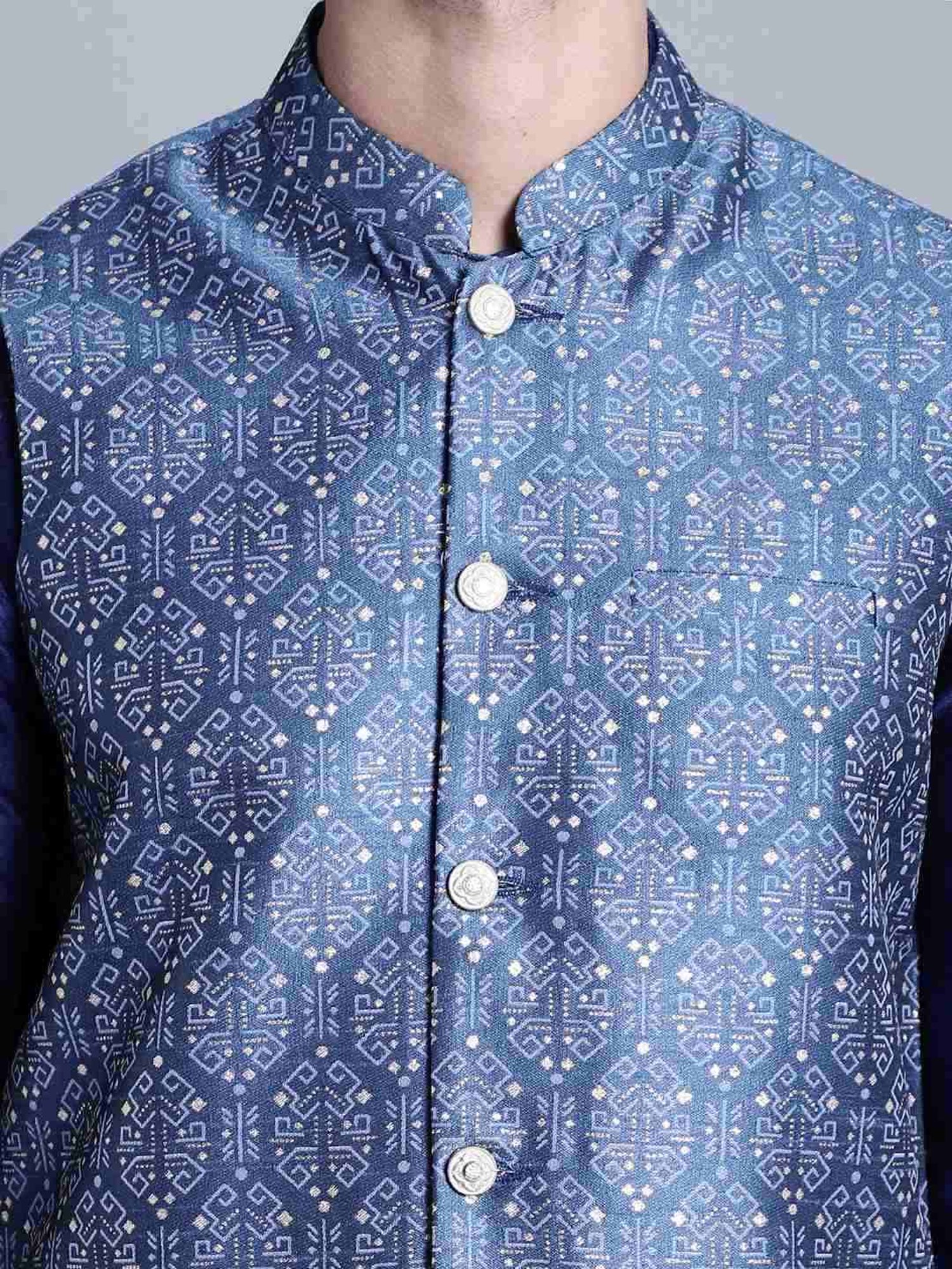 Jompers Blue  Regular Fit Printed Nehru Jacket