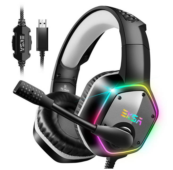 EKSA 7.1 Channel Stereo Sound PUBG Head-mounted USB Gaming Headset LED Light Effect Wired Headphones 120&deg; Free Rotation Desktop Computer Game Headset