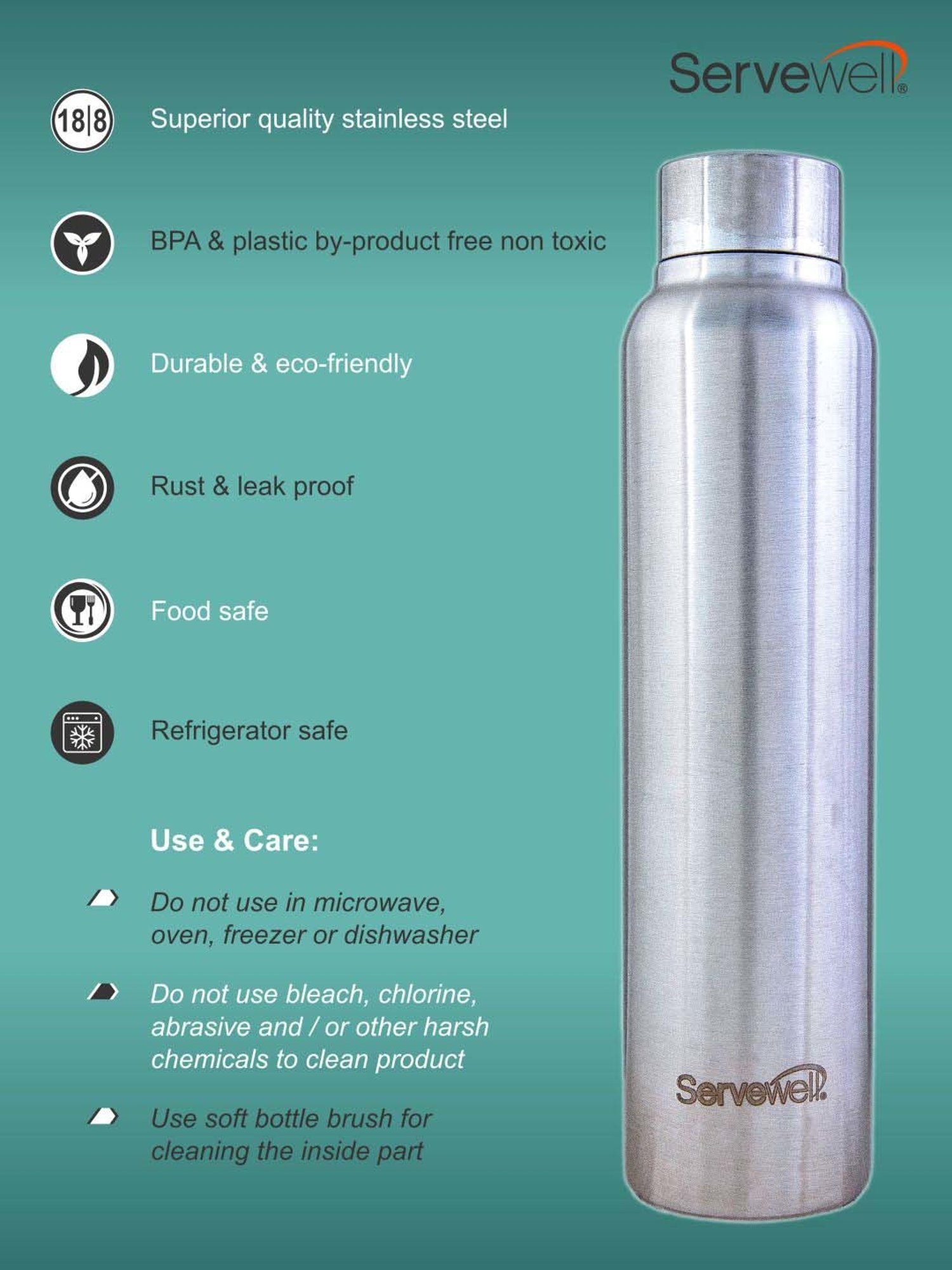 Servewell Silver Steel Sleek Single Wall Water Bottle (0.6 L)